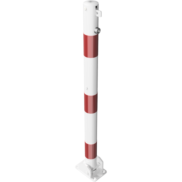 Barrier posts | Steel tube  60 x 2,5 mm | foldable | for padlock | to be fixed by plugswith base plate 100 x 150 mm | hot-dip galvanized and white coatedwith three red reflecting stripes | with 1 eyelet